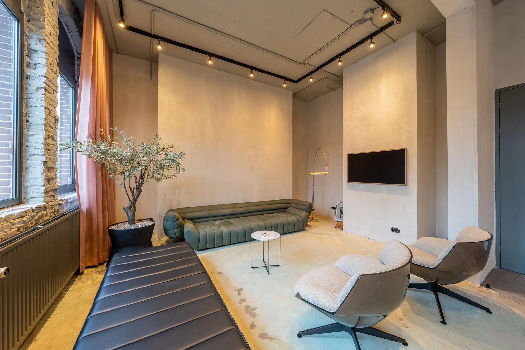 Modern ingerichte woonkamer aan de Admiraal de Ruijterweg met een groene bank, designstoelen, een flatscreen-tv en een olijfboom bij het raam.